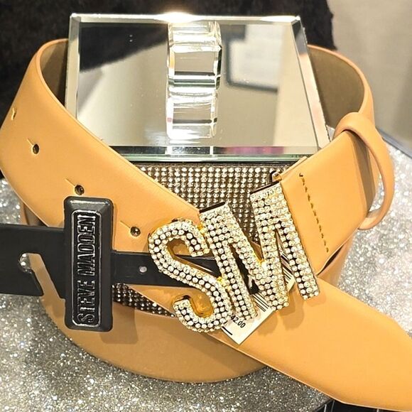 Steve Madden SM Rhinestone Logo Belt- Tan main image 8